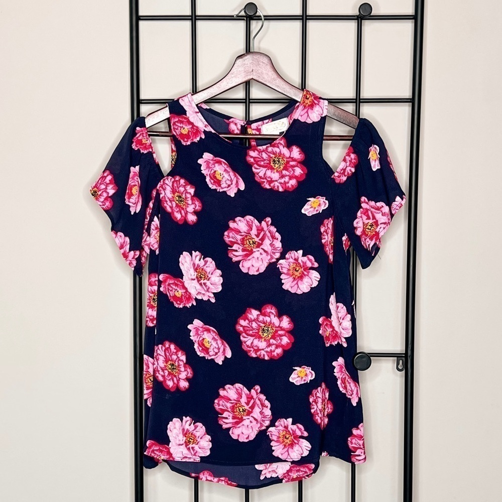 Mudpie Navy Floral Off the Shoulder Cold Shoulder Top Sz S